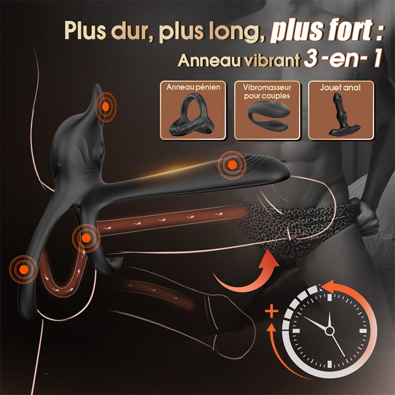 Vibrateur à anneau pénien 3 en 1, stimulateur de point G et clitoris à 10 vibrations, vibrateur pour couple en érection