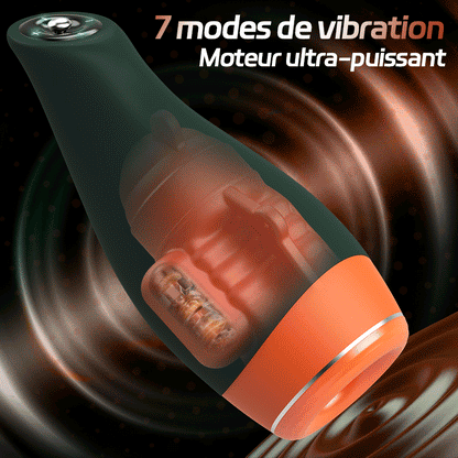 Warming - Masturbateur masculin 2-en-1 avec vibration et télescopage simulant la température de la cavité buccale