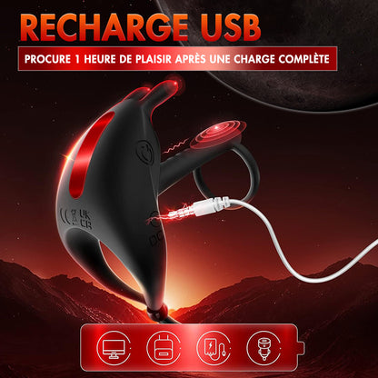 Anneau pénien vibrant double en silicone pour homme avec 7 modes de vibration